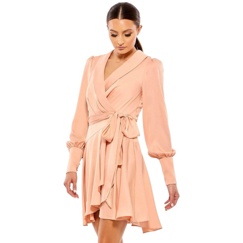 Mac Duggal Ieena Ethereal Satin Wrap Dress Soft Pink Bow 2 NWT | Wedding Guest